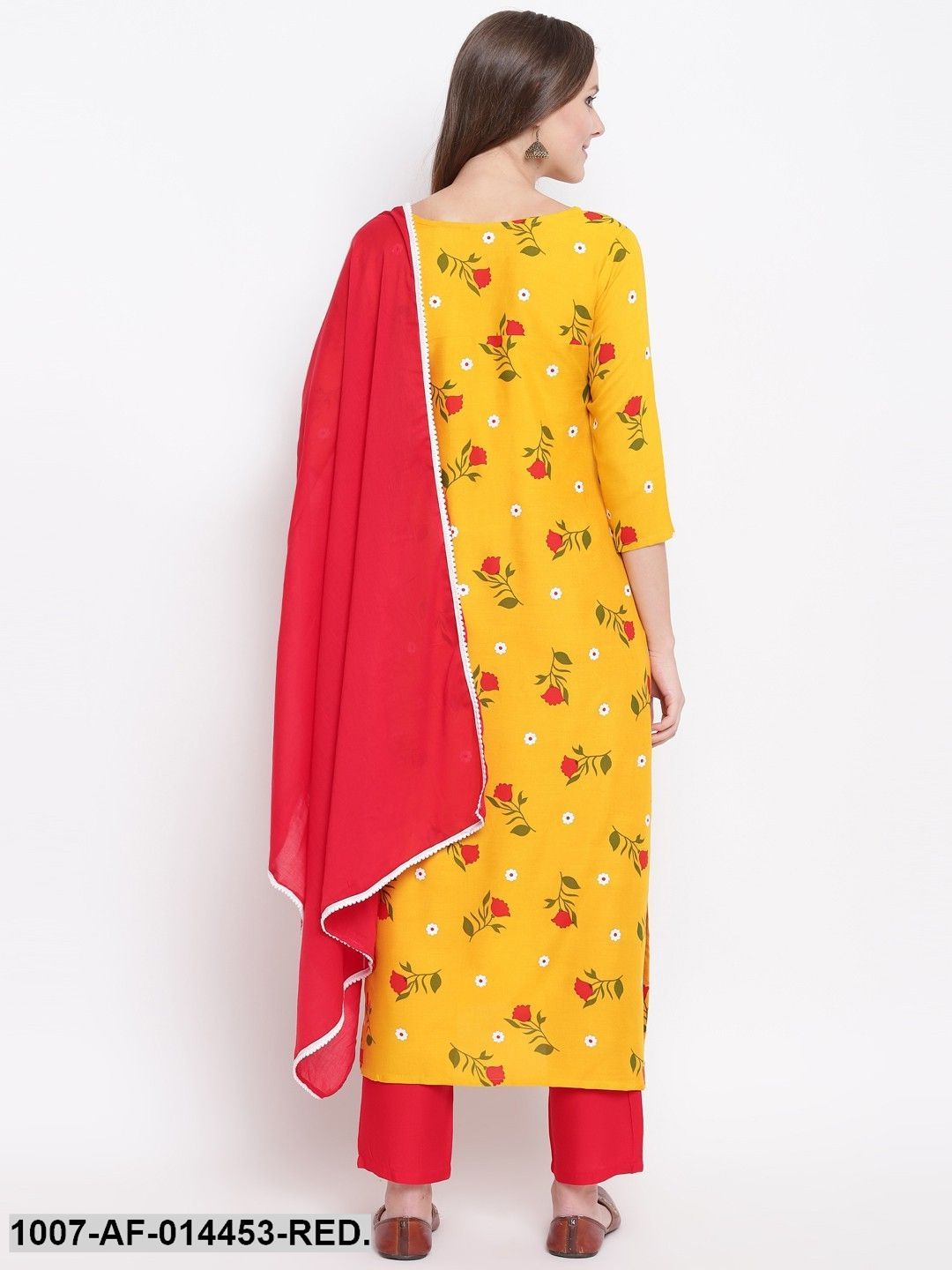 Floral Print Rayon Straight Kurta Pant & Dupatta Set (Yellow,Red) (Pre-Order)