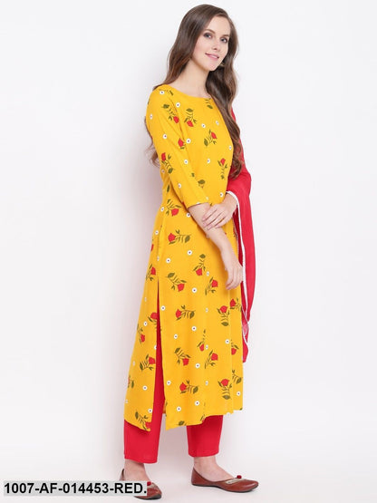 Floral Print Rayon Straight Kurta Pant & Dupatta Set (Yellow,Red) (Pre-Order)