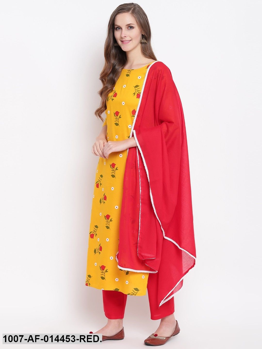 Floral Print Rayon Straight Kurta Pant & Dupatta Set (Yellow,Red) (Pre-Order)