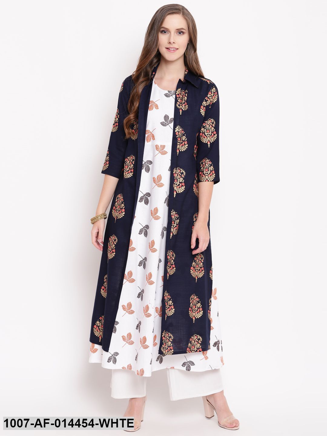 Printed Kurta with Jacket (Navy Blue,White) (Pre-Order)