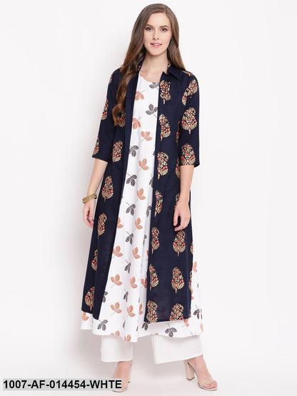 Printed Kurta with Jacket (Navy Blue,White) (Pre-Order)