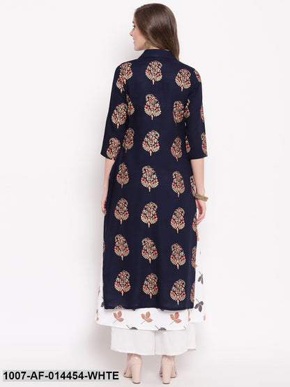 Printed Kurta with Jacket (Navy Blue,White) (Pre-Order)