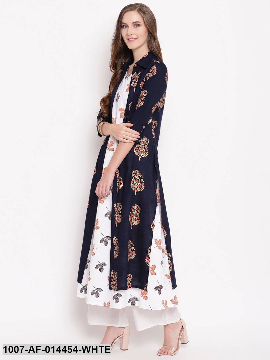 Printed Kurta with Jacket (Navy Blue,White) (Pre-Order)