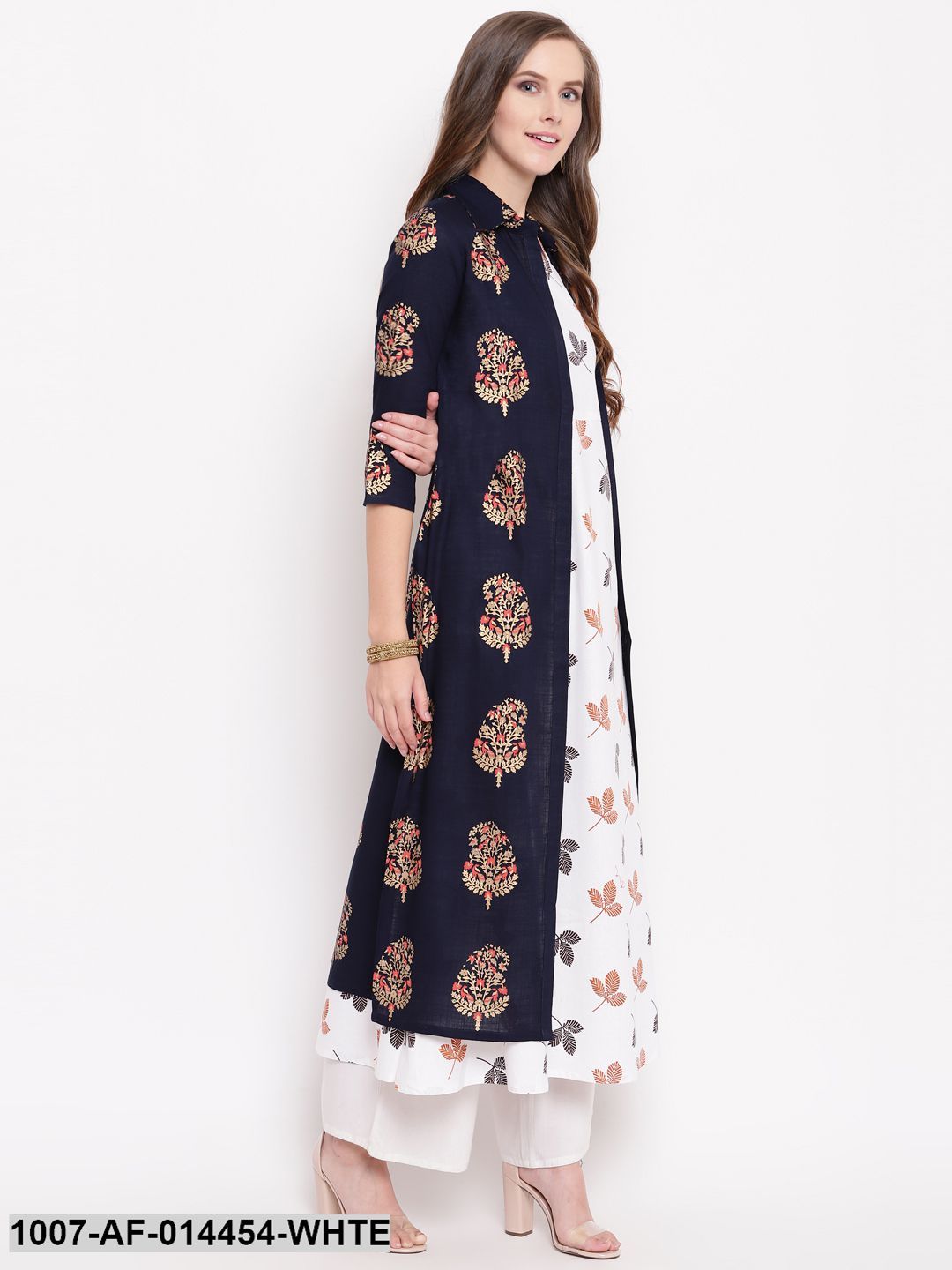 Printed Kurta with Jacket (Navy Blue,White) (Pre-Order)
