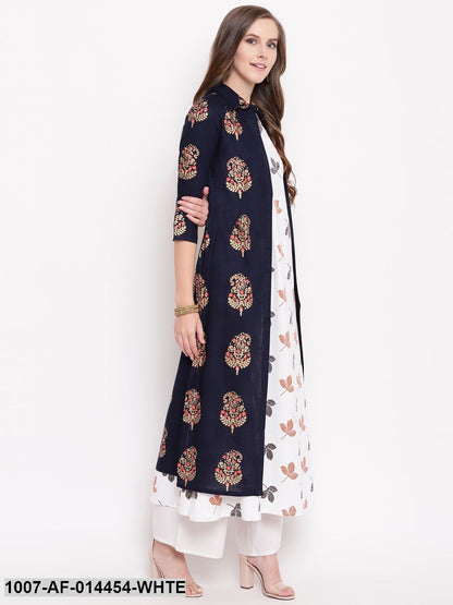 Printed Kurta with Jacket (Navy Blue,White) (Pre-Order)