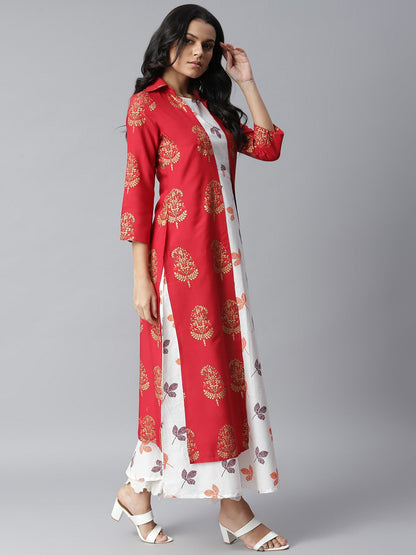 Printed Kurta with Jacket (Red,White) (Pre-Order)