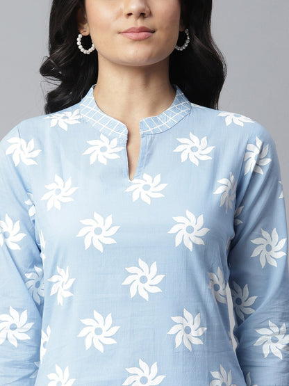 Floral Print Cotton Straight kurta Pant and Dupatta Set (Light Blue) (Pre-Order)