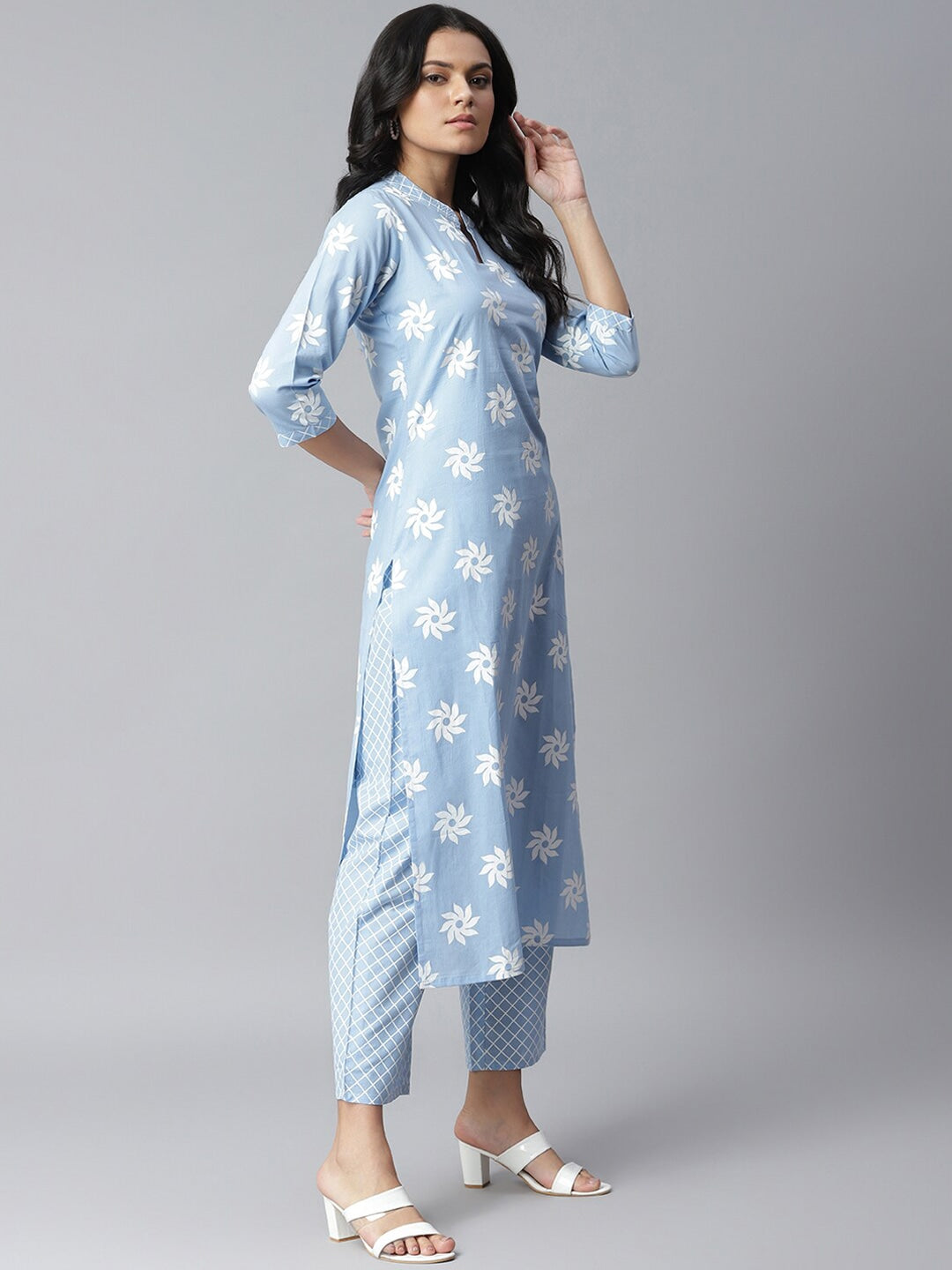 Floral Print Cotton Straight kurta Pant and Dupatta Set (Light Blue) (Pre-Order)