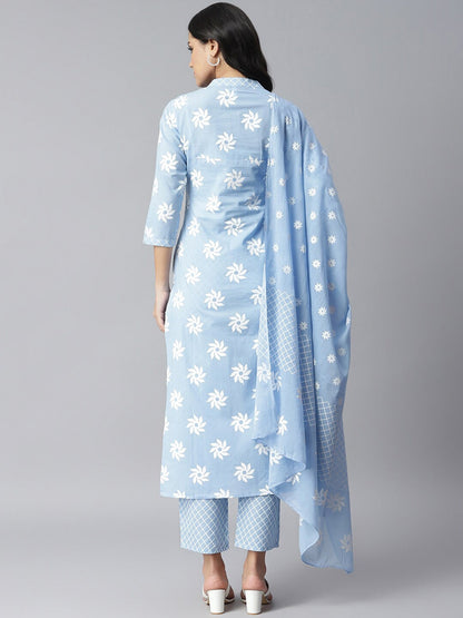 Floral Print Cotton Straight kurta Pant and Dupatta Set (Light Blue) (Pre-Order)