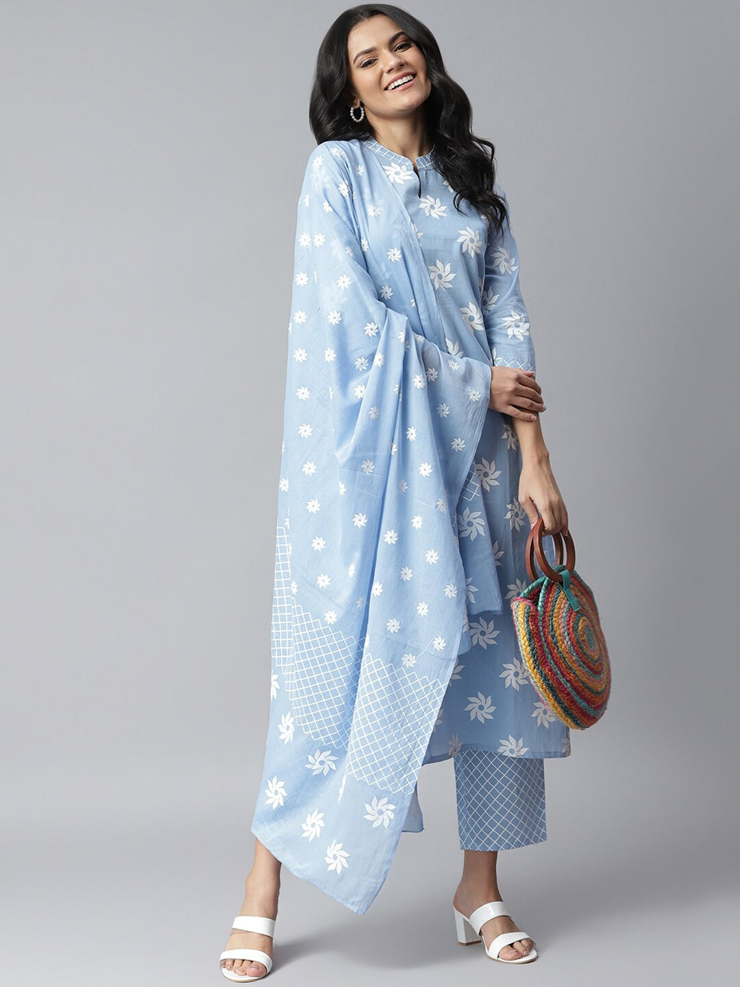 Floral Print Cotton Straight kurta Pant and Dupatta Set (Light Blue) (Pre-Order)