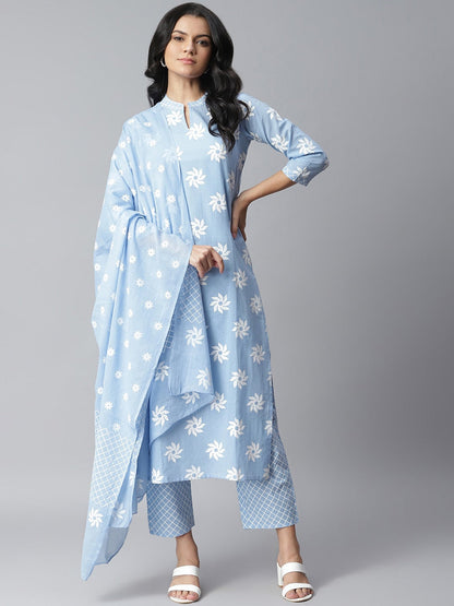 Floral Print Cotton Straight kurta Pant and Dupatta Set (Light Blue) (Pre-Order)