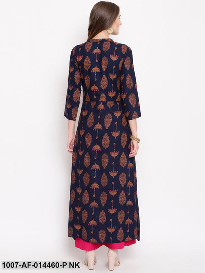 Umbrella Print Rayon A-Line Kurta Palazzo Set (Navy Blue,Pink) (Pre-Order)