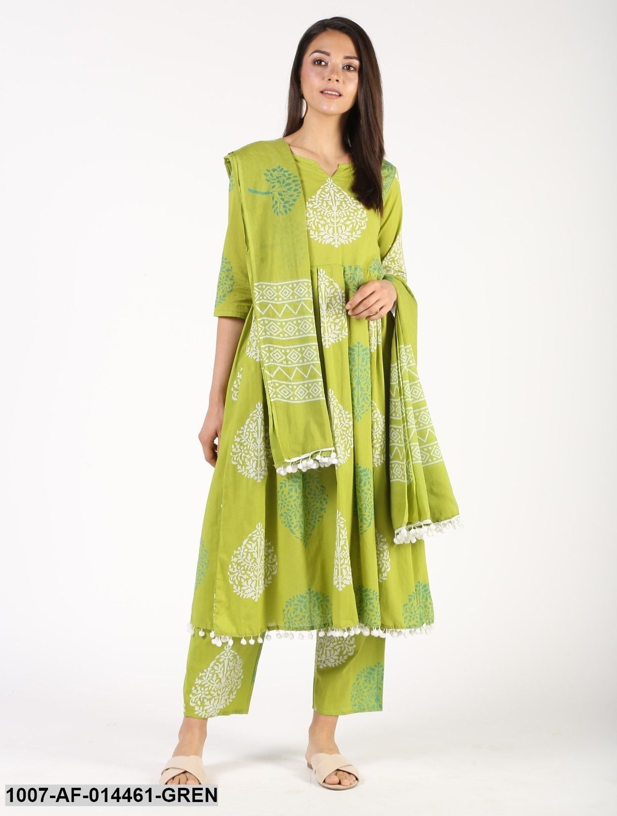 Floral Print Cotton Pleated Kurta Pant Dupatta Set (Green) (Pre-Order)