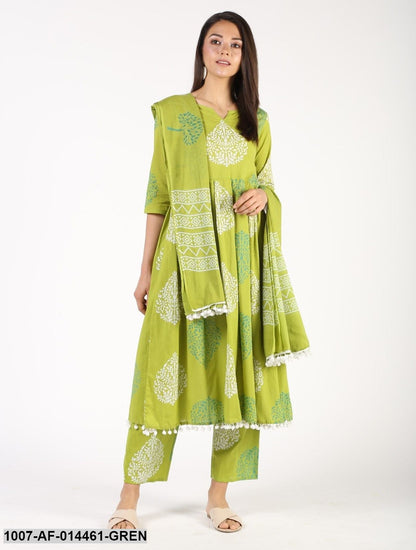 Floral Print Cotton Pleated Kurta Pant Dupatta Set (Green) (Pre-Order)