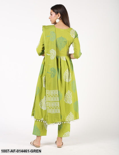Floral Print Cotton Pleated Kurta Pant Dupatta Set (Green) (Pre-Order)