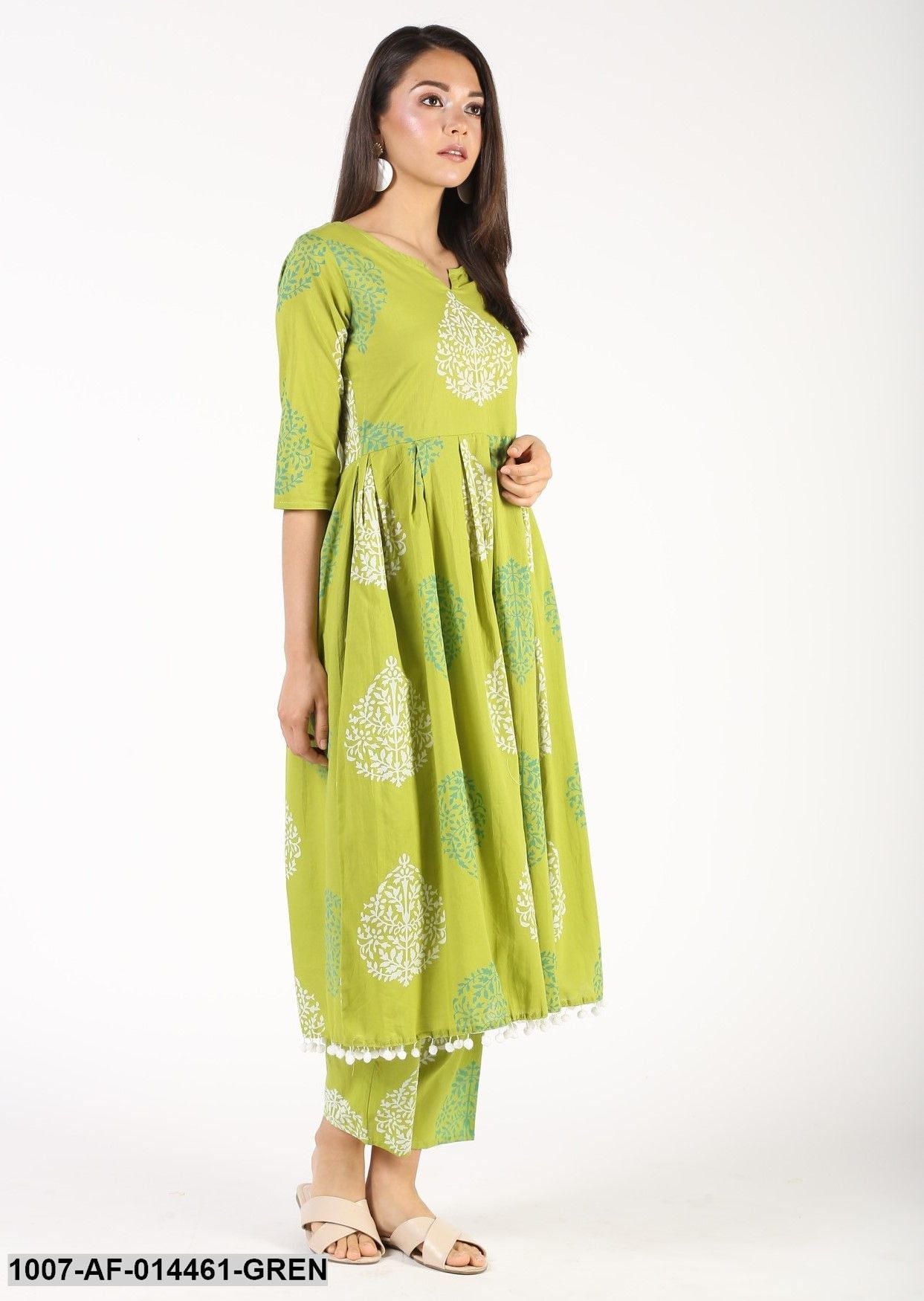Floral Print Cotton Pleated Kurta Pant Dupatta Set (Green) (Pre-Order)