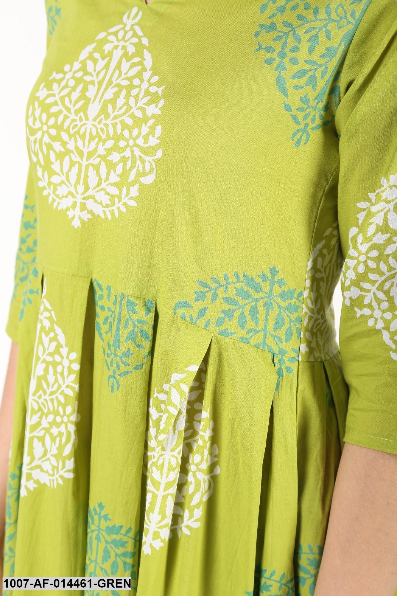 Floral Print Cotton Pleated Kurta Pant Dupatta Set (Green) (Pre-Order)