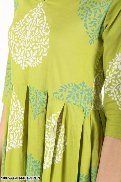 Floral Print Cotton Pleated Kurta Pant Dupatta Set (Green) (Pre-Order)