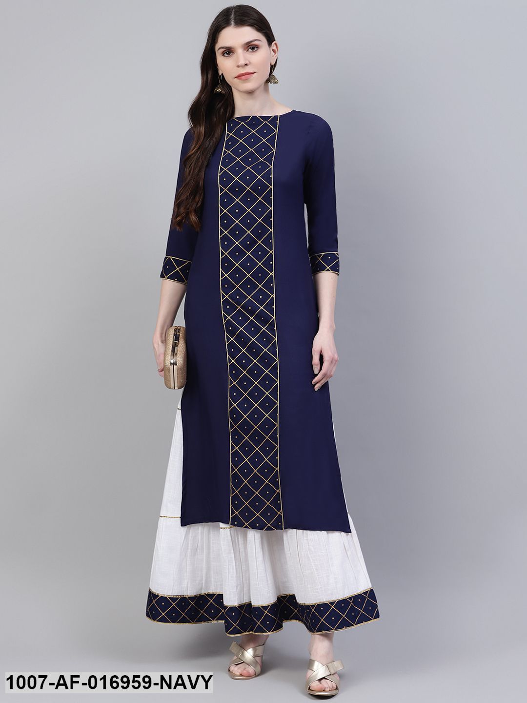 Printed Rayon Straight Kurta Skirt Set (Dark Blue) (Pre-Order)