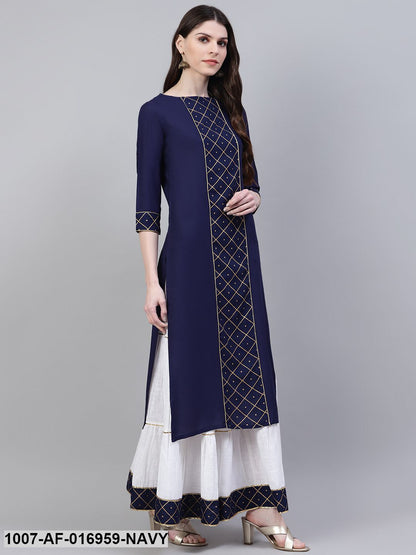 Printed Rayon Straight Kurta Skirt Set (Dark Blue) (Pre-Order)