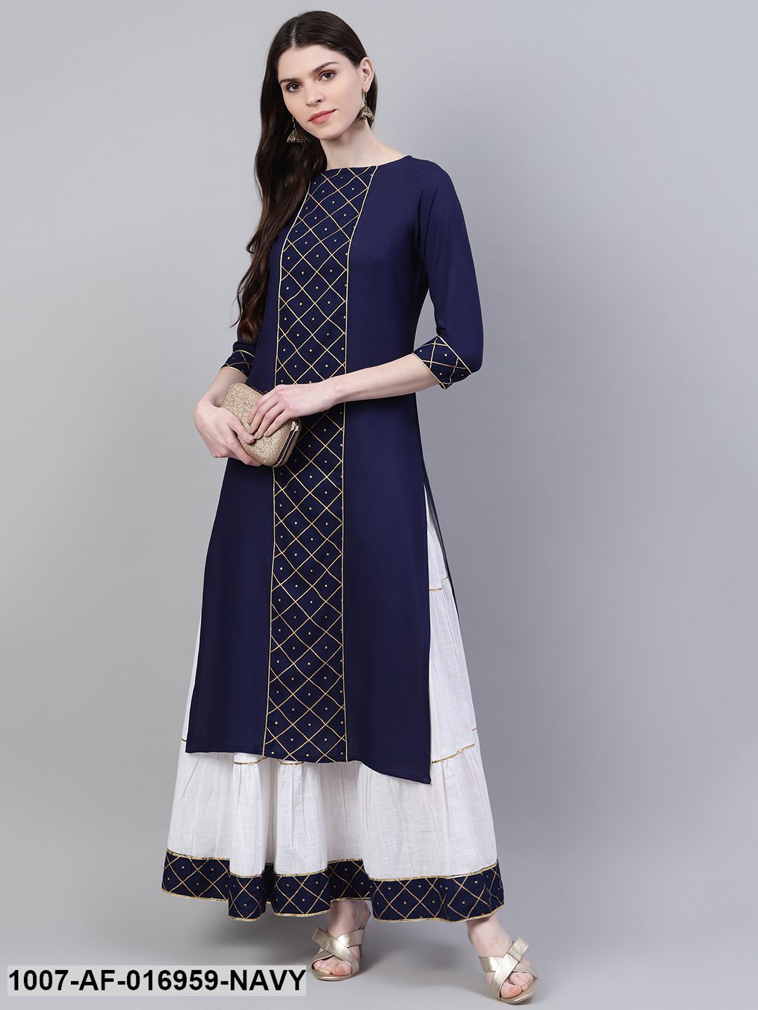 Printed Rayon Straight Kurta Skirt Set (Dark Blue) (Pre-Order)