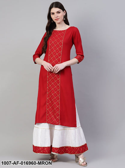 Printed Rayon Straight Kurta Skirt Set (Maroon) (Pre-Order)