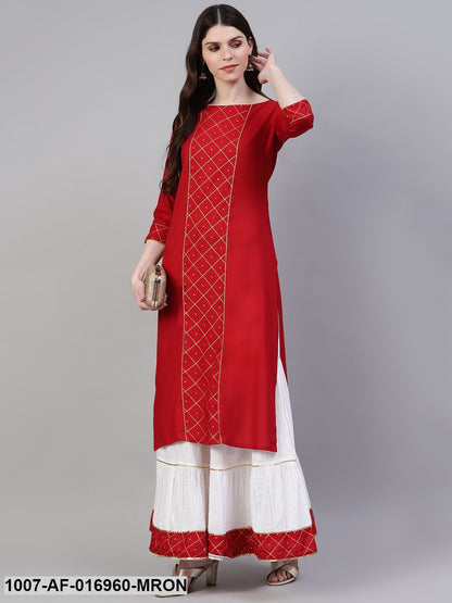 Printed Rayon Straight Kurta Skirt Set (Maroon) (Pre-Order)