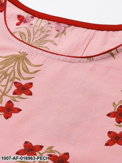 Floral Print Rayon Flared Kurta Dupatta Set (Peach) (Pre-Order)