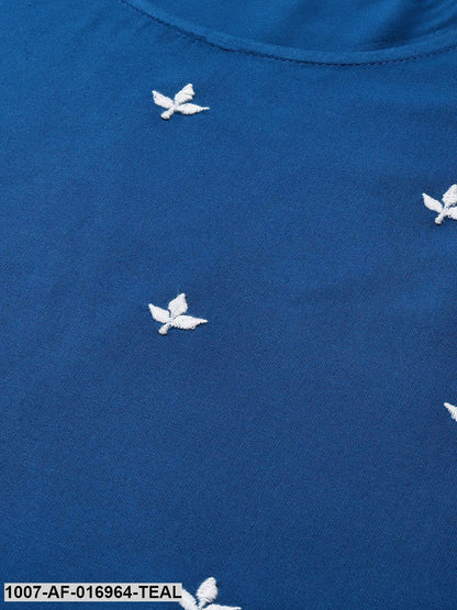 Embroidered Rayon Straight Kurta Skirt Dupatta Set (Teal Blue) (Pre-Order)