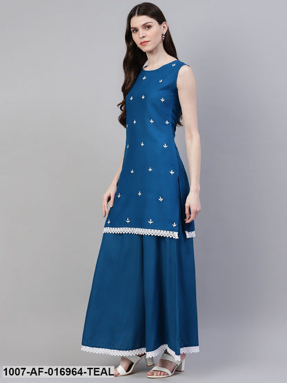 Embroidered Rayon Straight Kurta Skirt Dupatta Set (Teal Blue) (Pre-Order)