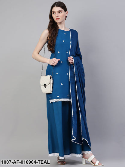 Embroidered Rayon Straight Kurta Skirt Dupatta Set (Teal Blue) (Pre-Order)