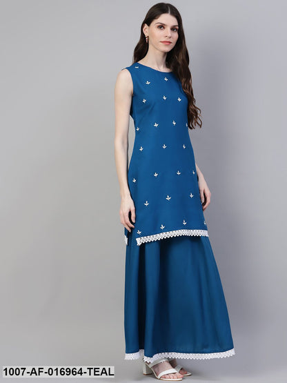 Embroidered Rayon Straight Kurta Skirt Dupatta Set (Teal Blue) (Pre-Order)