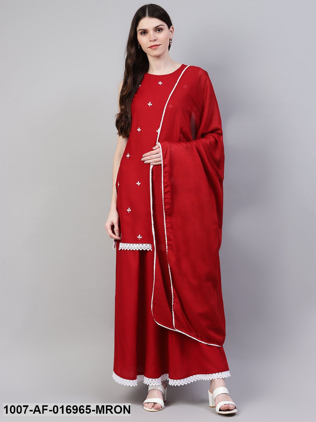 Embroidered Rayon Straight Kurta Skirt Dupatta Set (Maroon) (Pre-Order)