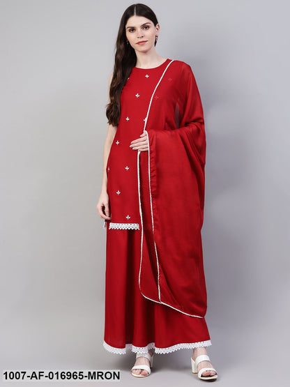Embroidered Rayon Straight Kurta Skirt Dupatta Set (Maroon) (Pre-Order)
