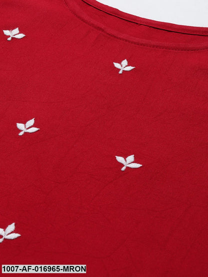 Embroidered Rayon Straight Kurta Skirt Dupatta Set (Maroon) (Pre-Order)