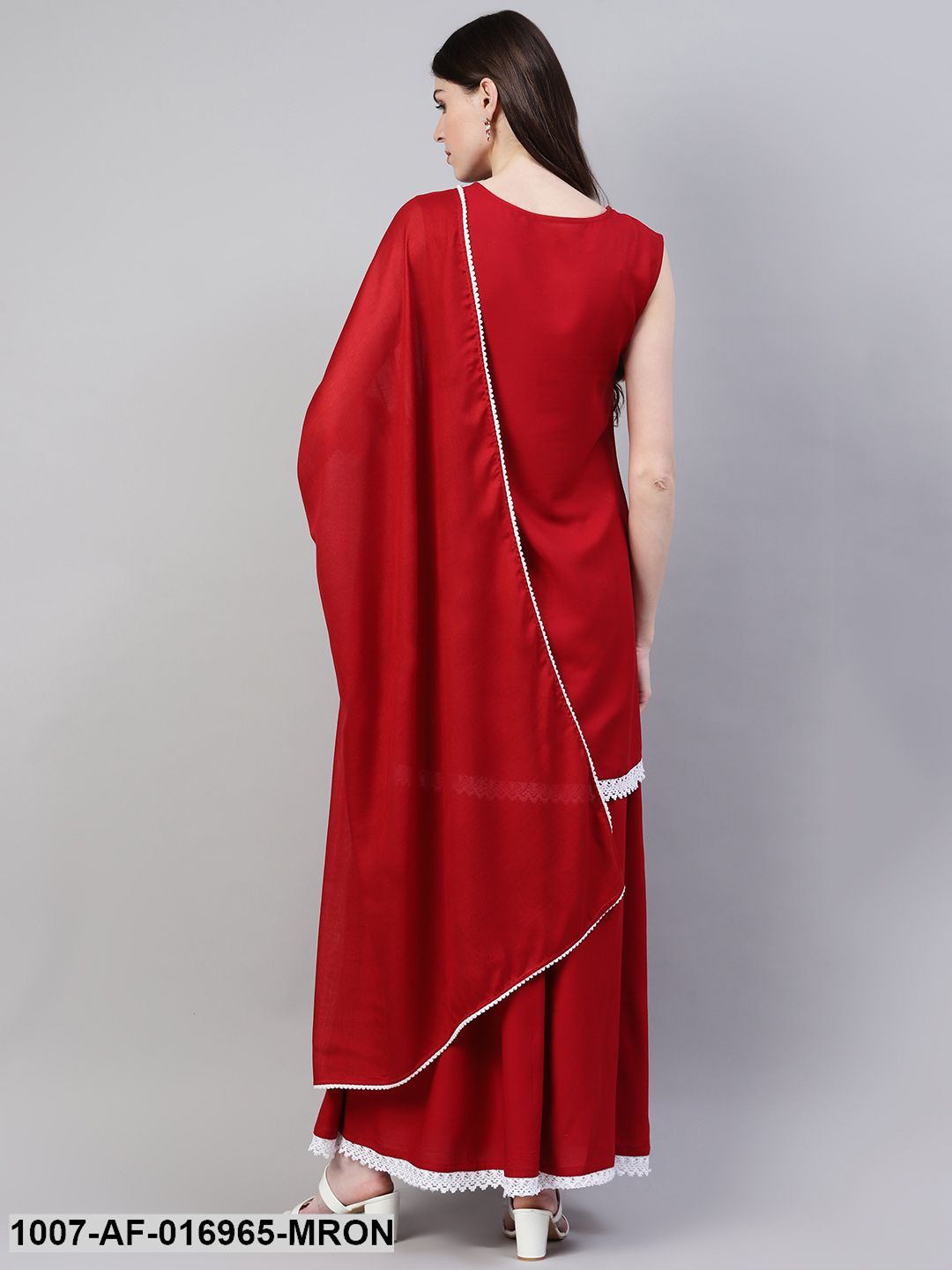 Embroidered Rayon Straight Kurta Skirt Dupatta Set (Maroon) (Pre-Order)