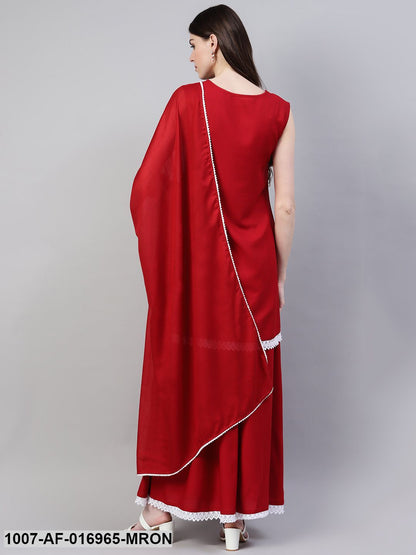 Embroidered Rayon Straight Kurta Skirt Dupatta Set (Maroon) (Pre-Order)