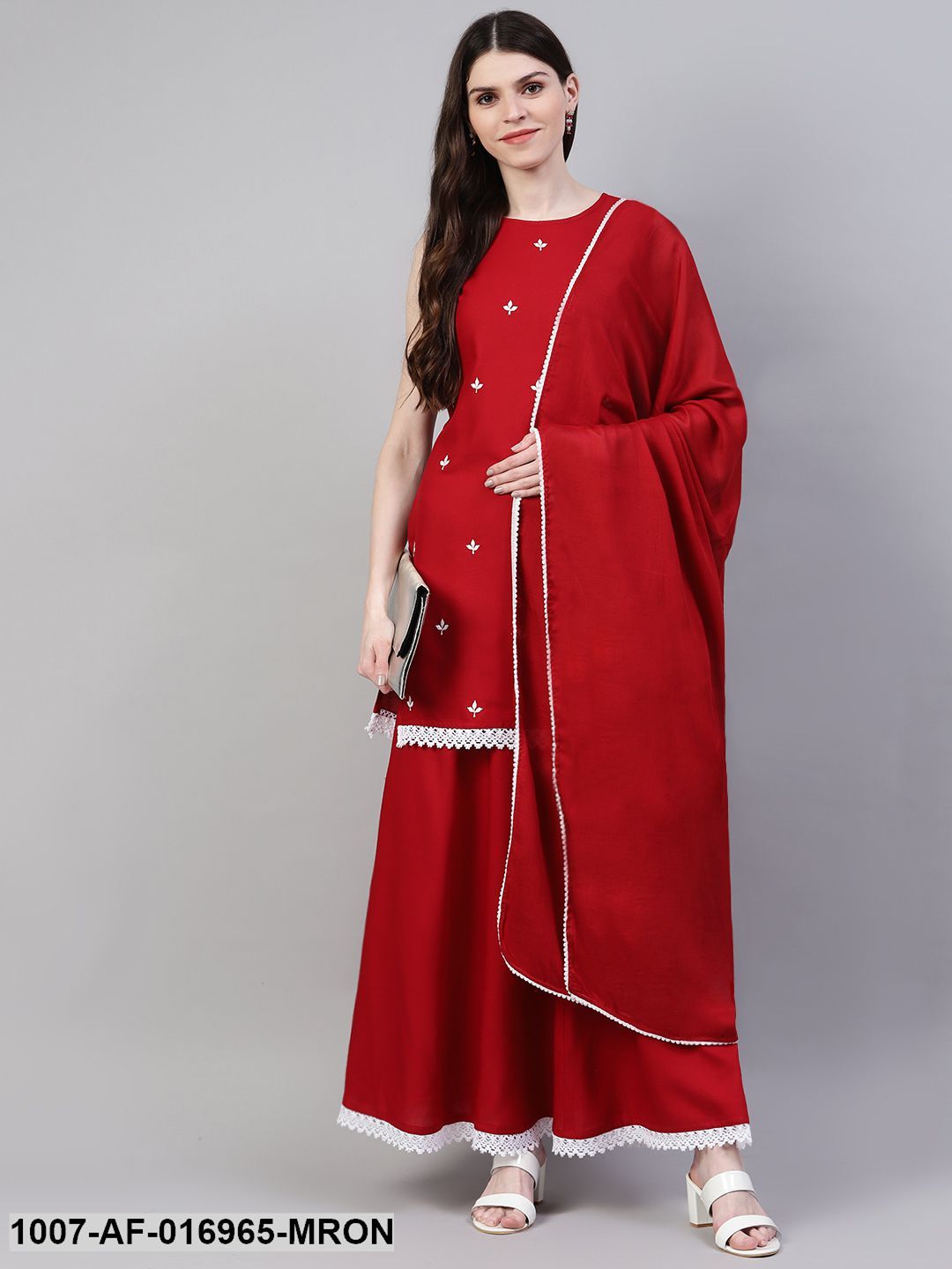 Embroidered Rayon Straight Kurta Skirt Dupatta Set (Maroon) (Pre-Order)
