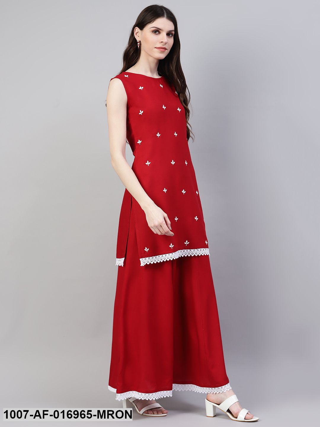 Embroidered Rayon Straight Kurta Skirt Dupatta Set (Maroon) (Pre-Order)