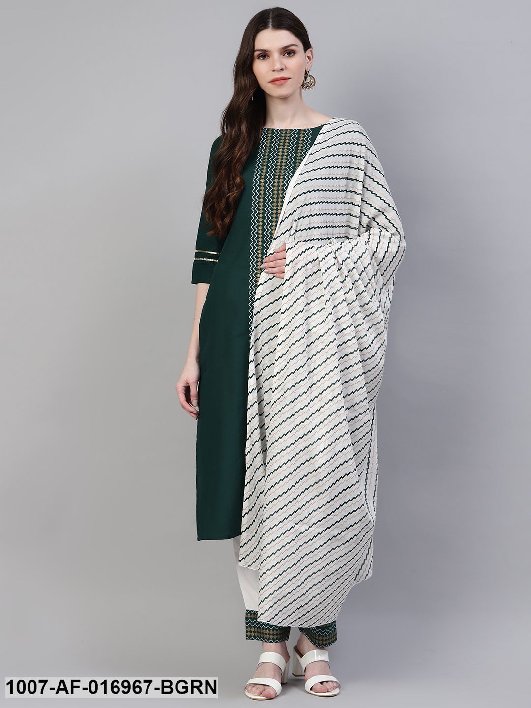 Printed Cotton Straight Kurta Pant Dupatta Set (Dark Green) (Pre-Order)