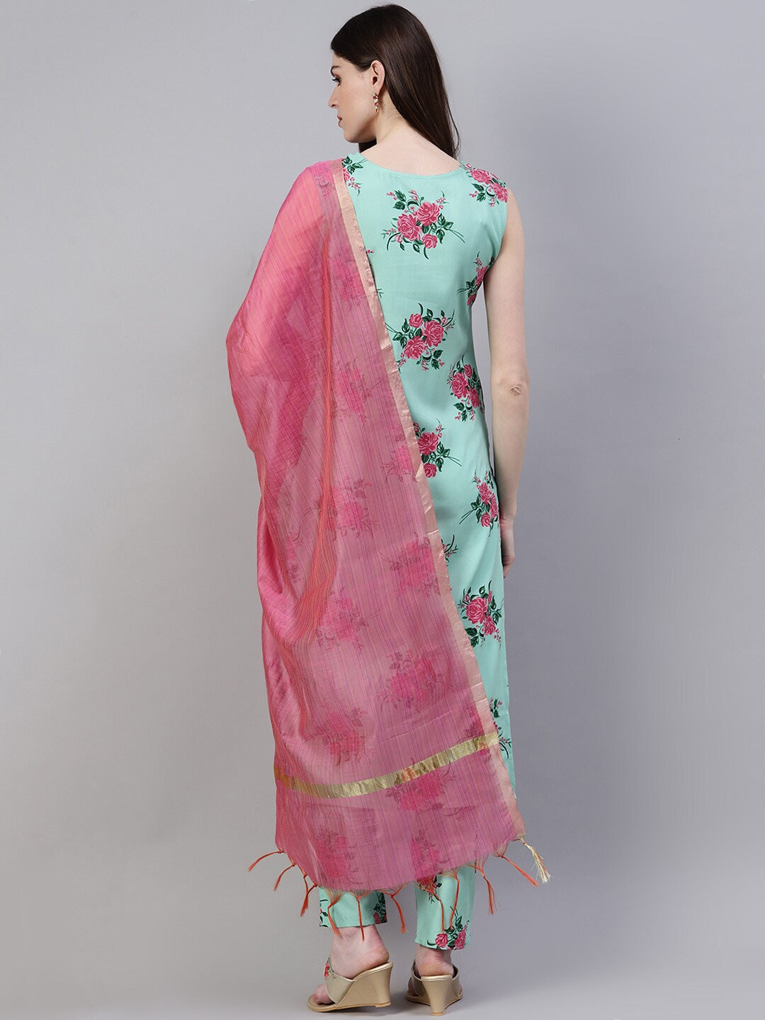 Floral Print Rayon Straight Kurta Pant Dupatta Set (Pastel Green) (Pre-Order)