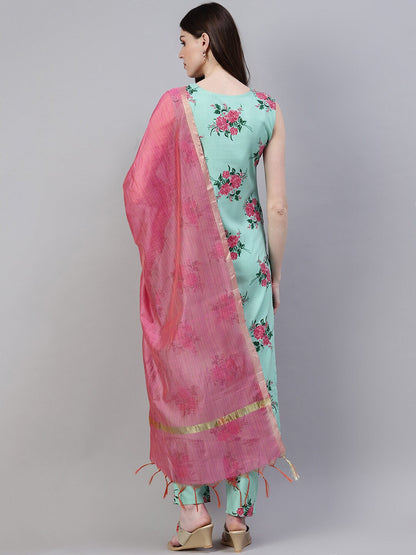 Floral Print Rayon Straight Kurta Pant Dupatta Set (Pastel Green) (Pre-Order)