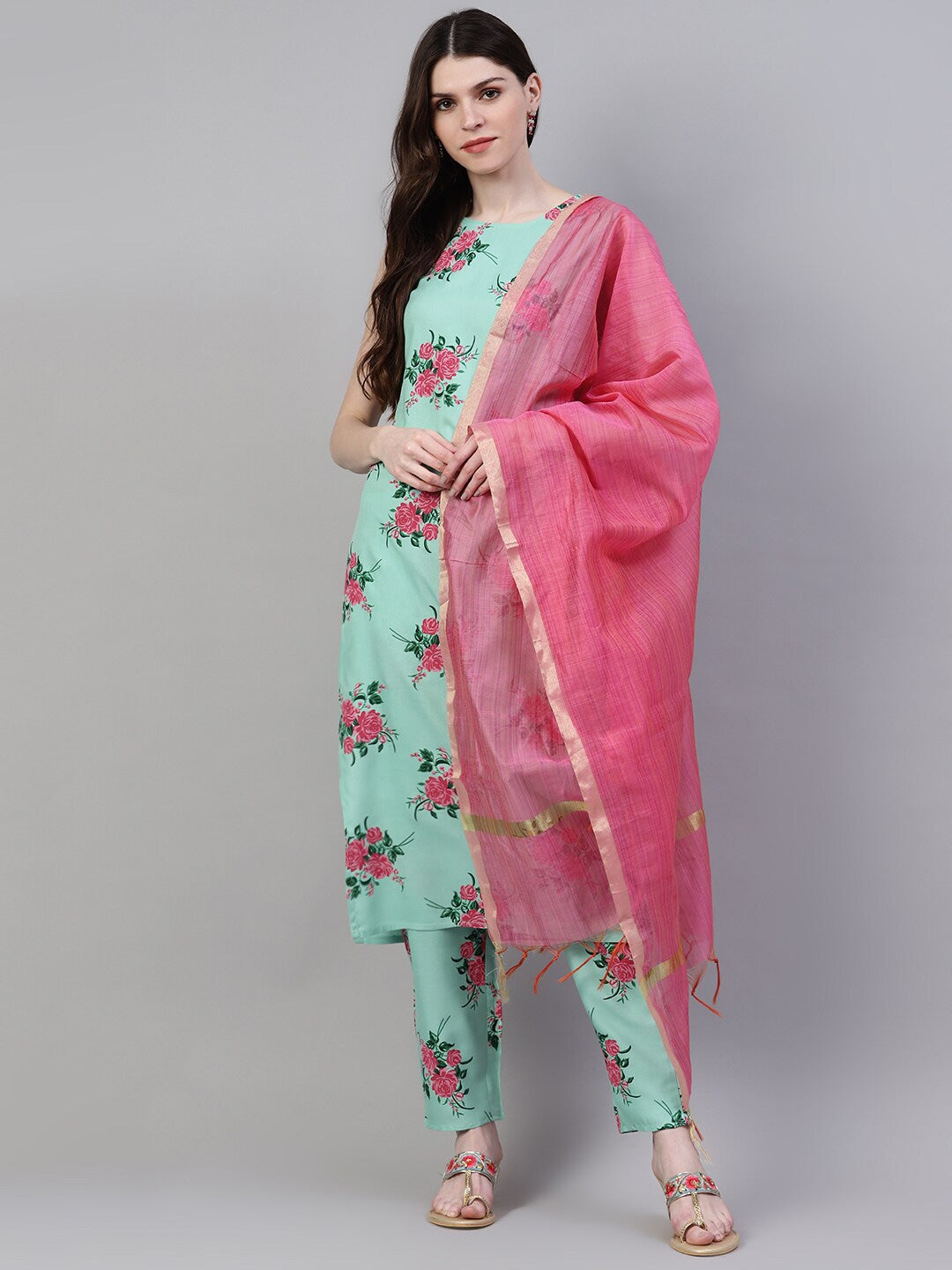 Floral Print Rayon Straight Kurta Pant Dupatta Set (Pastel Green) (Pre-Order)