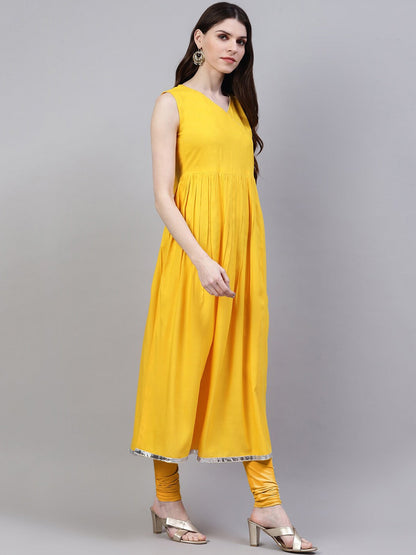 Solid Rayon Flared Kurta Dupatta Set (Mustard) (Pre-Order)