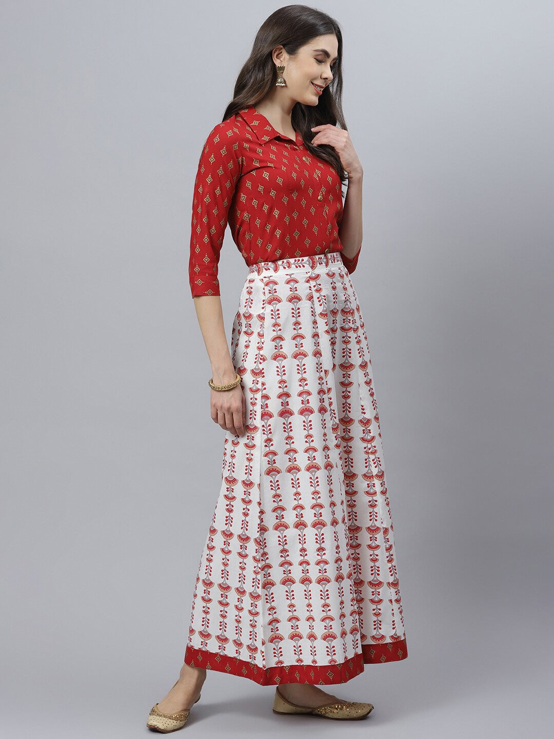 Printed Rayon Shirt Skirt Set (Maroon) (Pre-Order)