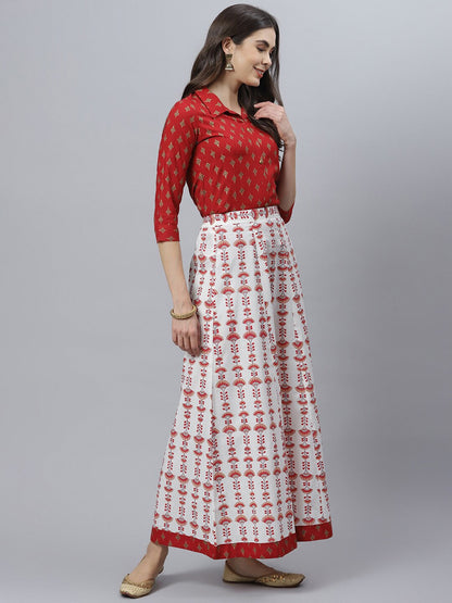 Printed Rayon Shirt Skirt Set (Maroon) (Pre-Order)