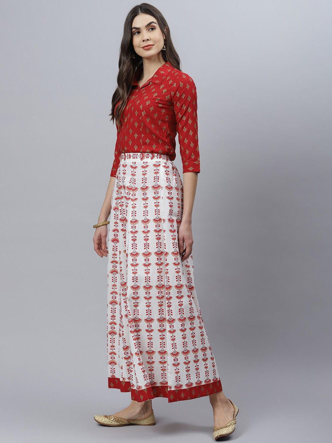 Printed Rayon Shirt Skirt Set (Maroon) (Pre-Order)
