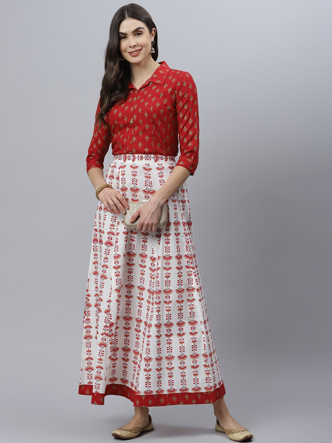 Printed Rayon Shirt Skirt Set (Maroon) (Pre-Order)