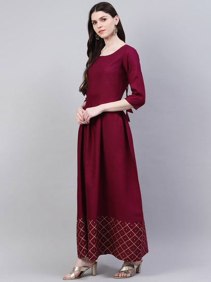 Gold Print Rayon Flared Kurta Dupatta Set (Wine) (Pre-Order)