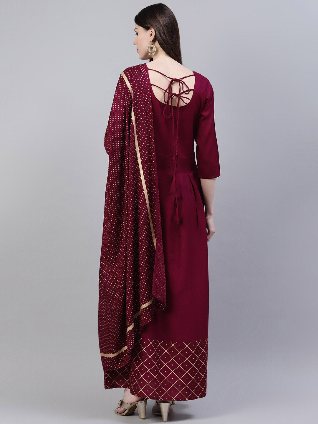 Gold Print Rayon Flared Kurta Dupatta Set (Wine) (Pre-Order)